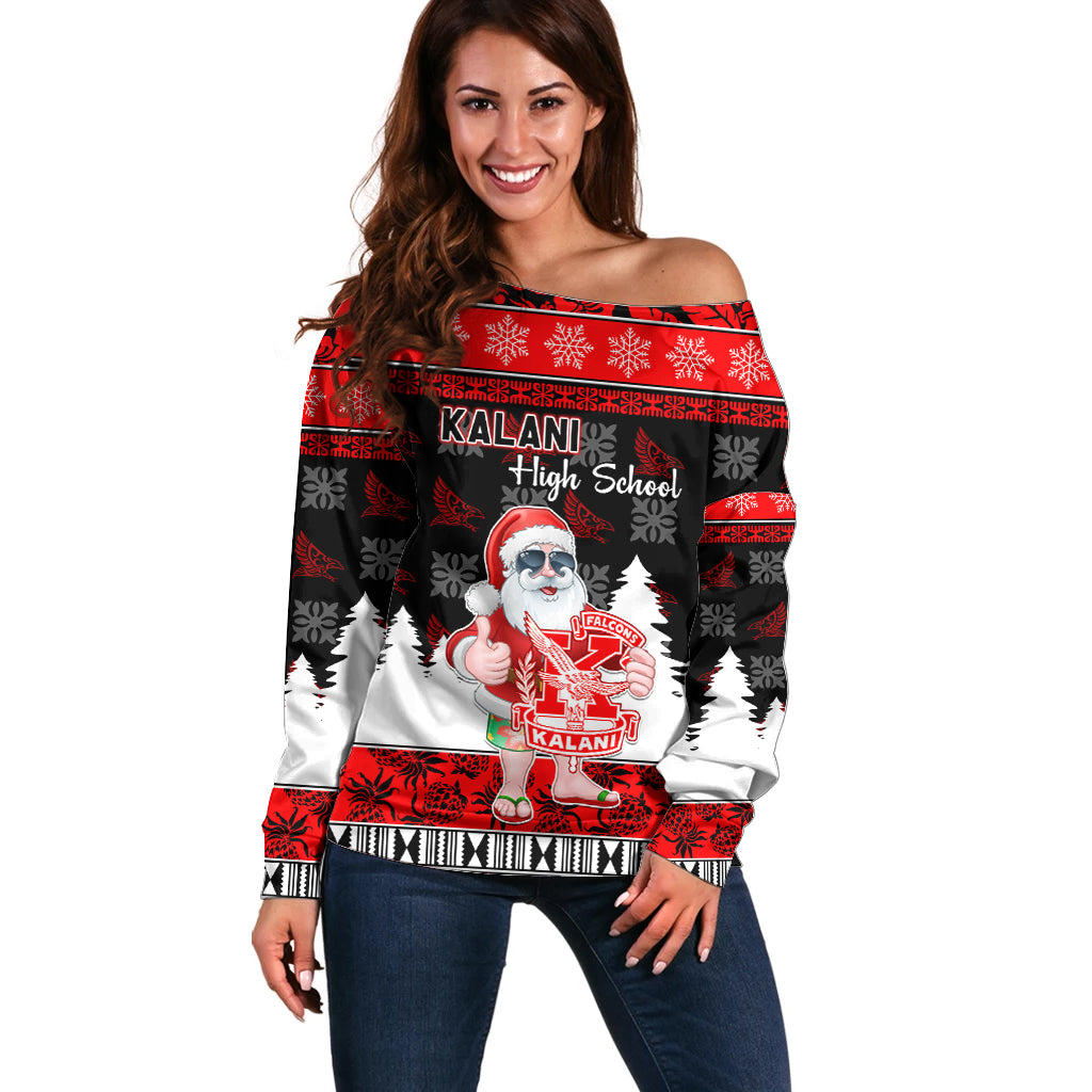 Custom Hawaii Kalani High School Christmas Off Shoulder Sweater Tropical Santa Claus LT05 Women Red - Polynesian Pride