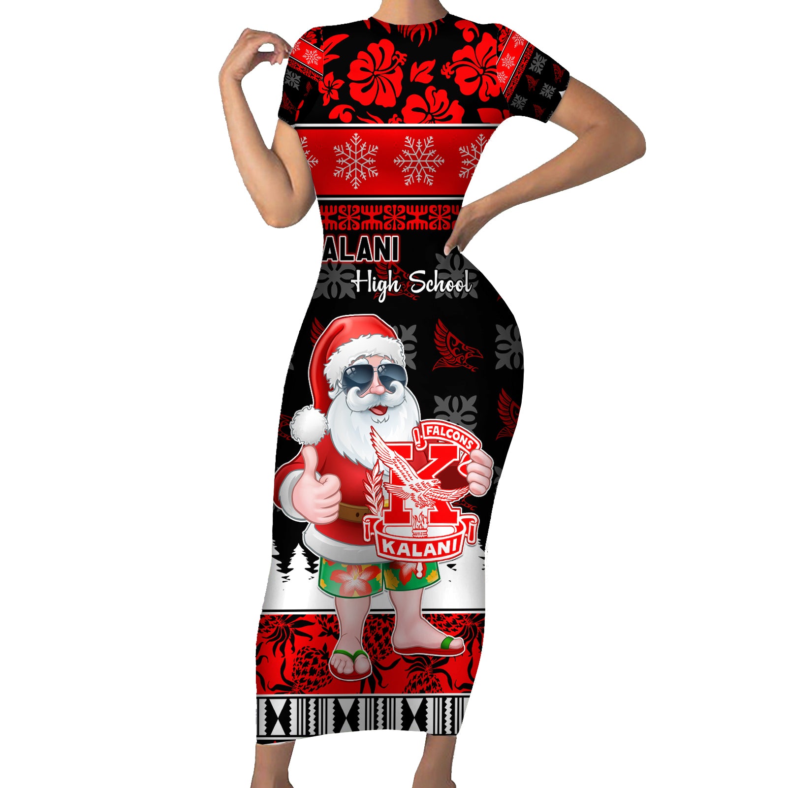 Custom Hawaii Kalani High School Christmas Short Sleeve Bodycon Dress Tropical Santa Claus LT05 Long Dress Red - Polynesian Pride