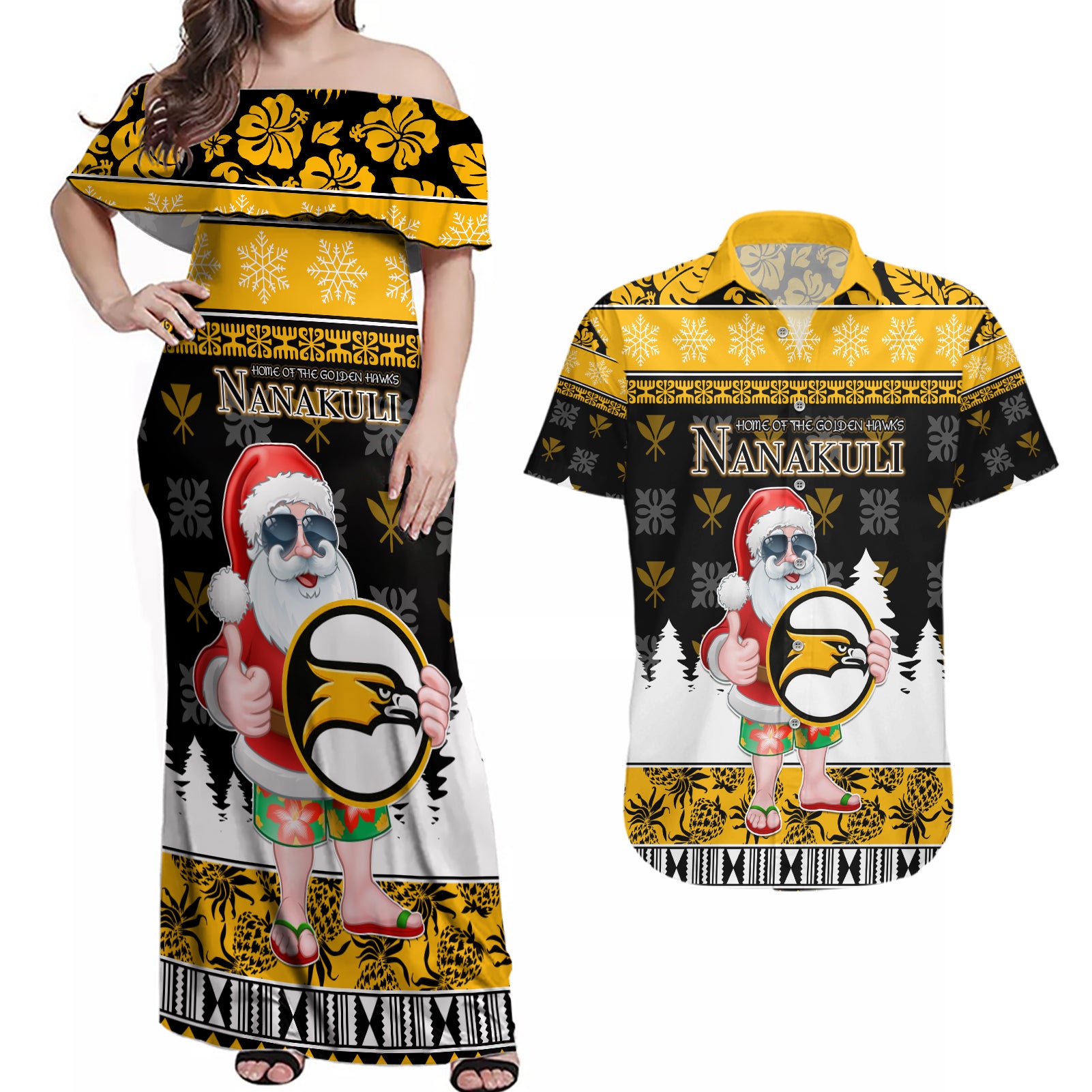 Custom Hawaii Nanakuli High and Intermediate School Christmas Couples Matching Off Shoulder Maxi Dress and Hawaiian Shirt Tropical Santa Claus LT05 Yellow - Polynesian Pride