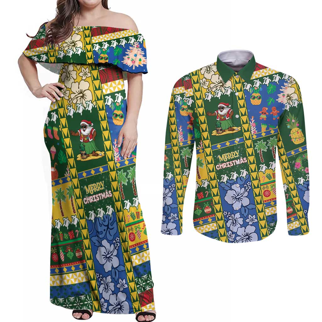 Solomon Islands Christmas Couples Matching Off Shoulder Maxi Dress and Long Sleeve Button Shirt Festive Beach Vibes - Polynesian Pride