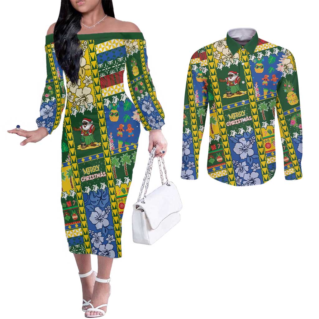 Solomon Islands Christmas Couples Matching Off The Shoulder Long Sleeve Dress and Long Sleeve Button Shirt Festive Beach Vibes - Polynesian Pride
