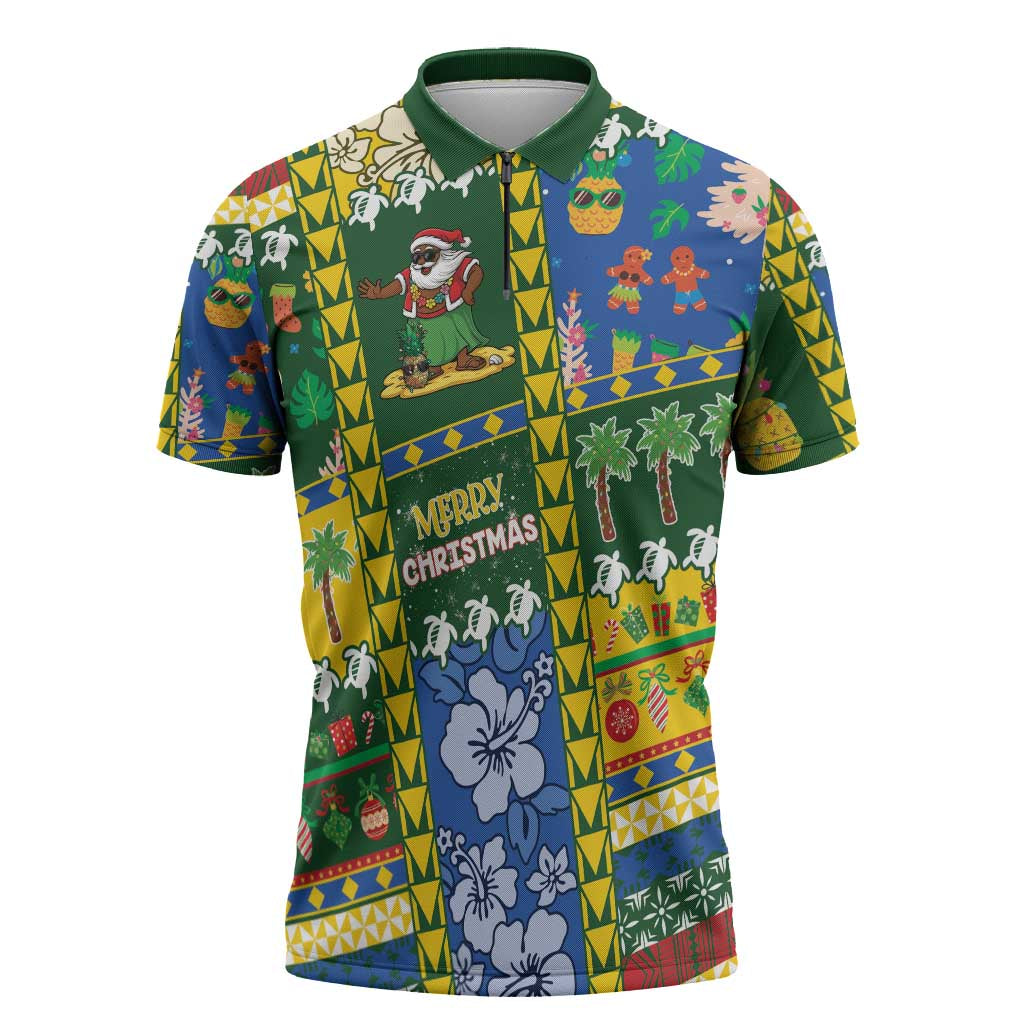 Solomon Islands Christmas Zipper Polo Shirt Festive Beach Vibes - Polynesian Pride