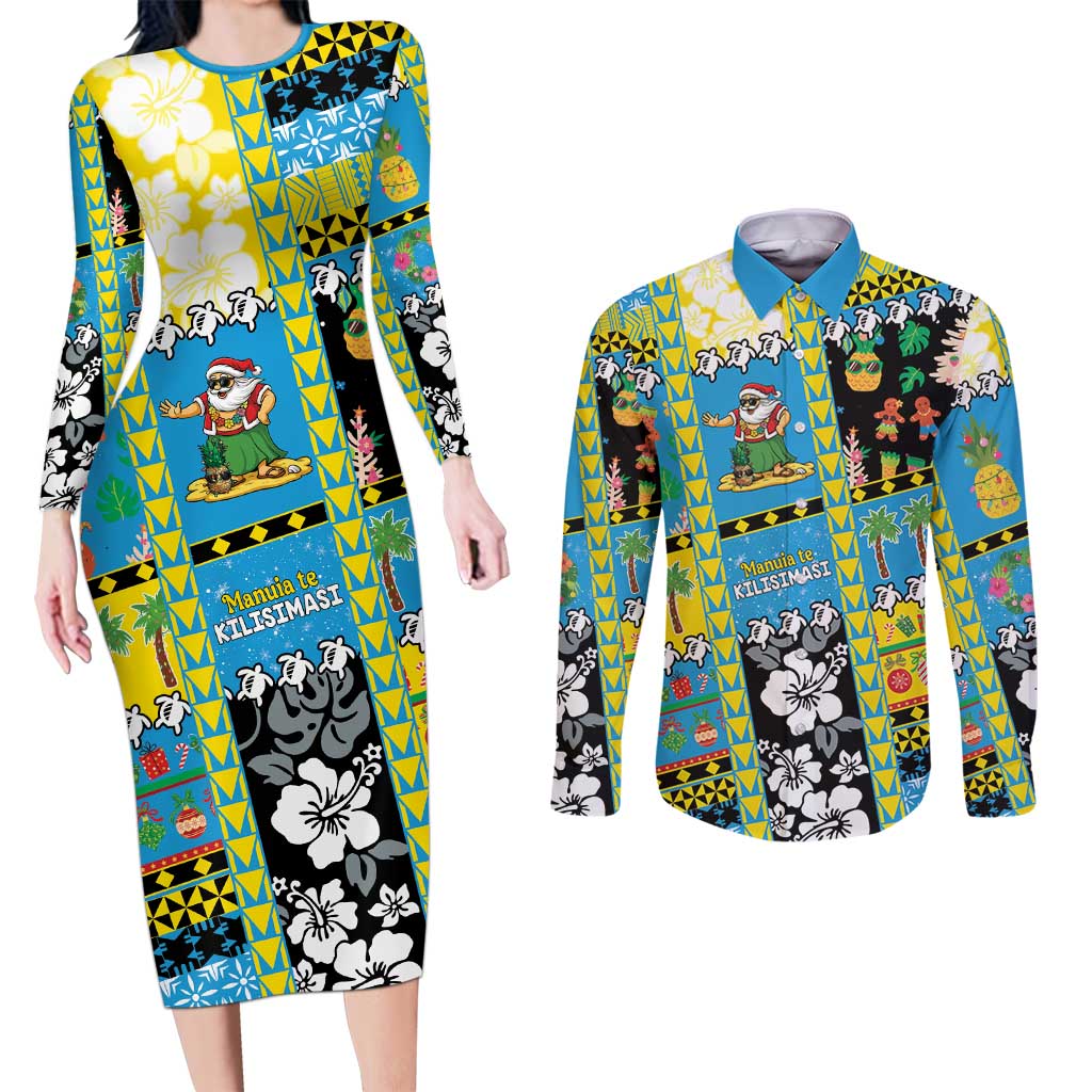 Tuvalu Christmas Couples Matching Long Sleeve Bodycon Dress and Long Sleeve Button Shirt Festive Beach Vibes - Polynesian Pride