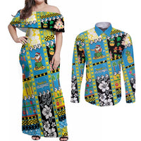 Tuvalu Christmas Couples Matching Off Shoulder Maxi Dress and Long Sleeve Button Shirt Festive Beach Vibes - Polynesian Pride