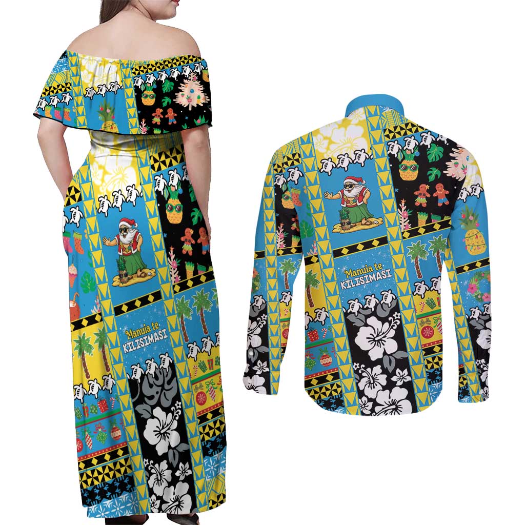 Tuvalu Christmas Couples Matching Off Shoulder Maxi Dress and Long Sleeve Button Shirt Festive Beach Vibes - Polynesian Pride