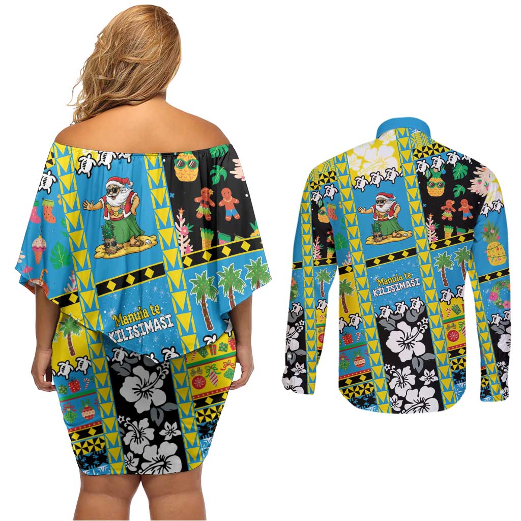 Tuvalu Christmas Couples Matching Off Shoulder Short Dress and Long Sleeve Button Shirt Festive Beach Vibes - Polynesian Pride