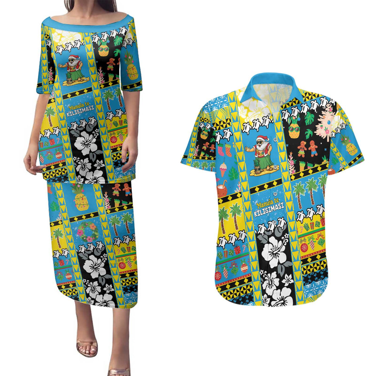 Tuvalu Christmas Couples Matching Puletasi and Hawaiian Shirt Festive Beach Vibes - Polynesian Pride