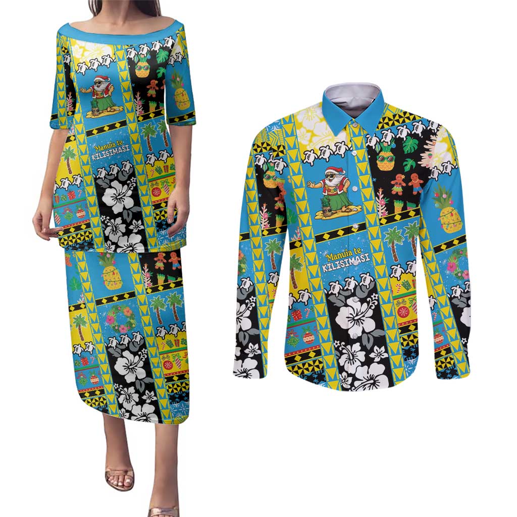 Tuvalu Christmas Couples Matching Puletasi and Long Sleeve Button Shirt Festive Beach Vibes - Polynesian Pride