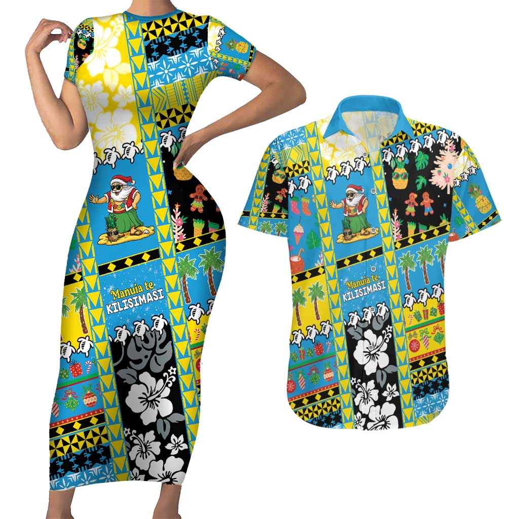 Tuvalu Christmas Couples Matching Short Sleeve Bodycon Dress and Hawaiian Shirt Festive Beach Vibes - Polynesian Pride