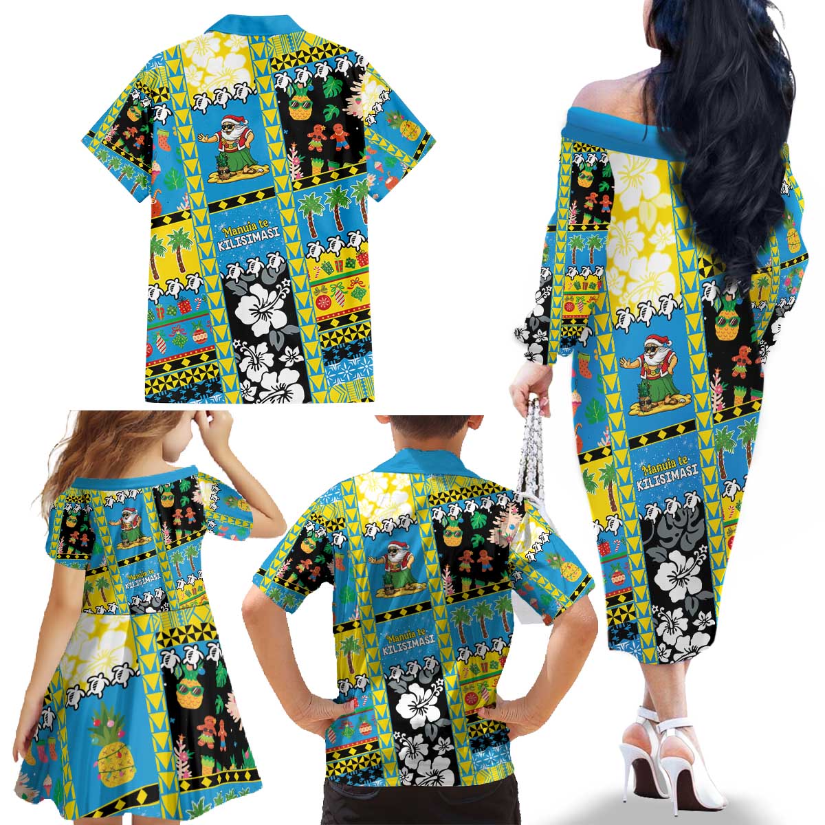 Tuvalu Christmas Family Matching Off The Shoulder Long Sleeve Dress and Hawaiian Shirt Festive Beach Vibes - Polynesian Pride
