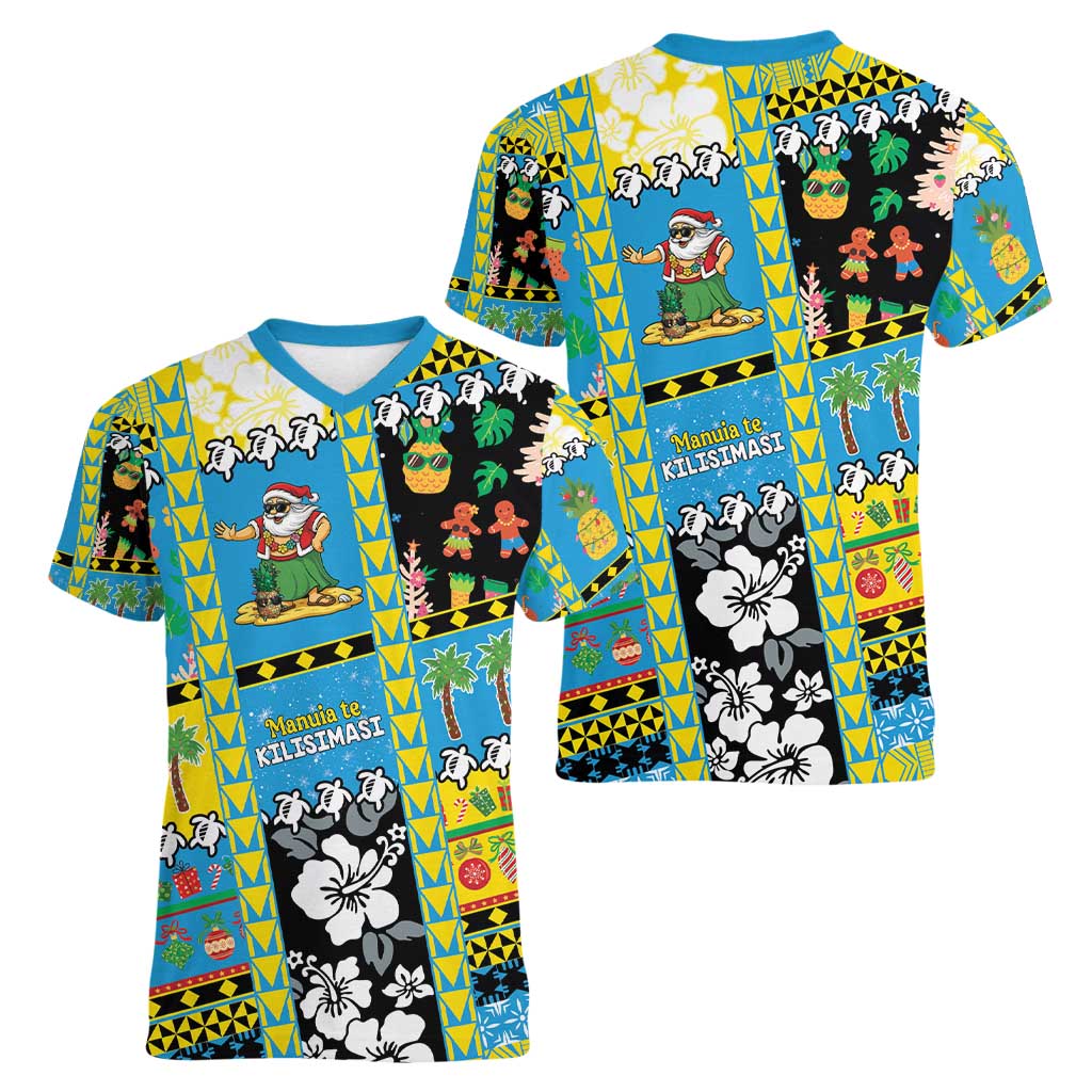 Tuvalu Christmas Women V-Neck T-Shirt Festive Beach Vibes - Polynesian Pride