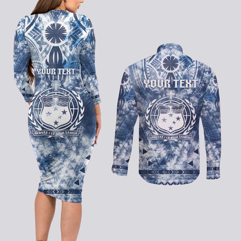 Samoa 685 Couples Matching Long Sleeve Bodycon Dress and Long Sleeve Button Shirt Polynesian Pattern Tie Dye Style