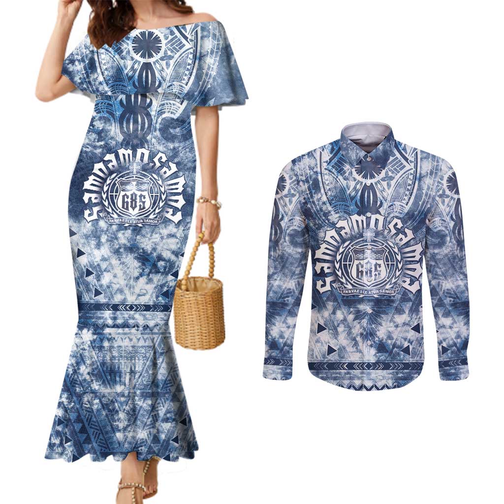 Samoa 685 Couples Matching Mermaid Dress and Long Sleeve Button Shirt Polynesian Pattern Tie Dye Style