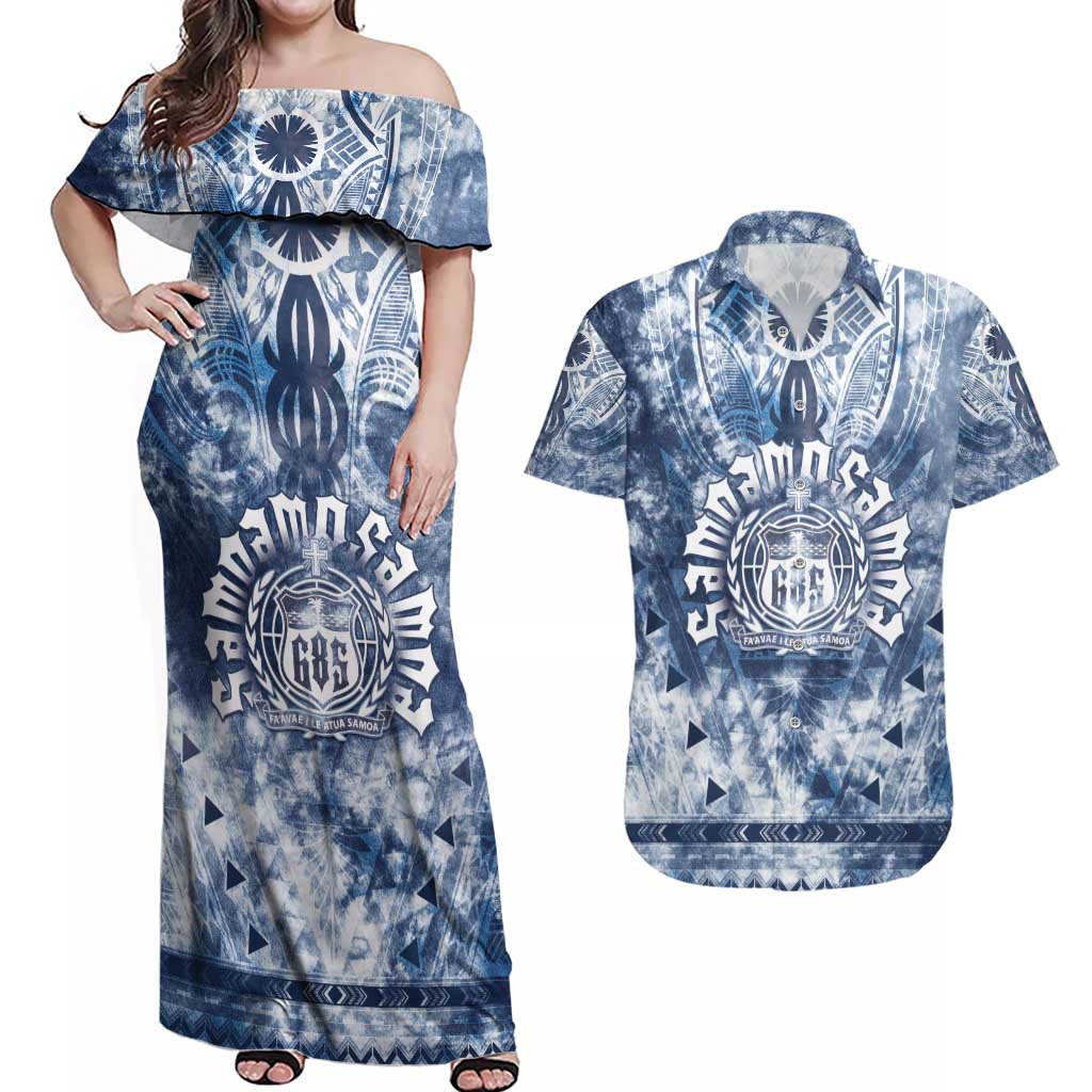 Samoa 685 Couples Matching Off Shoulder Maxi Dress and Hawaiian Shirt Polynesian Pattern Tie Dye Style