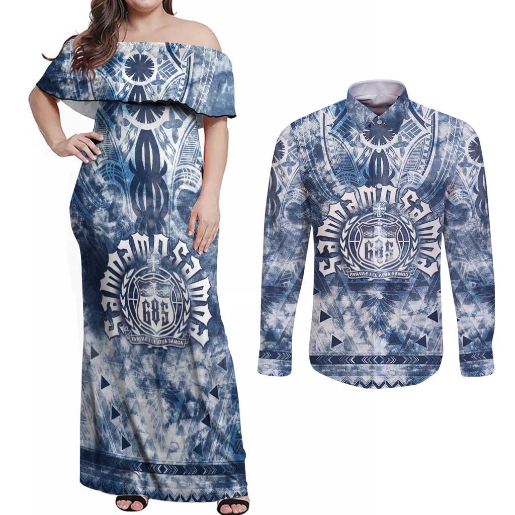 Samoa 685 Couples Matching Off Shoulder Maxi Dress and Long Sleeve Button Shirt Polynesian Pattern Tie Dye Style