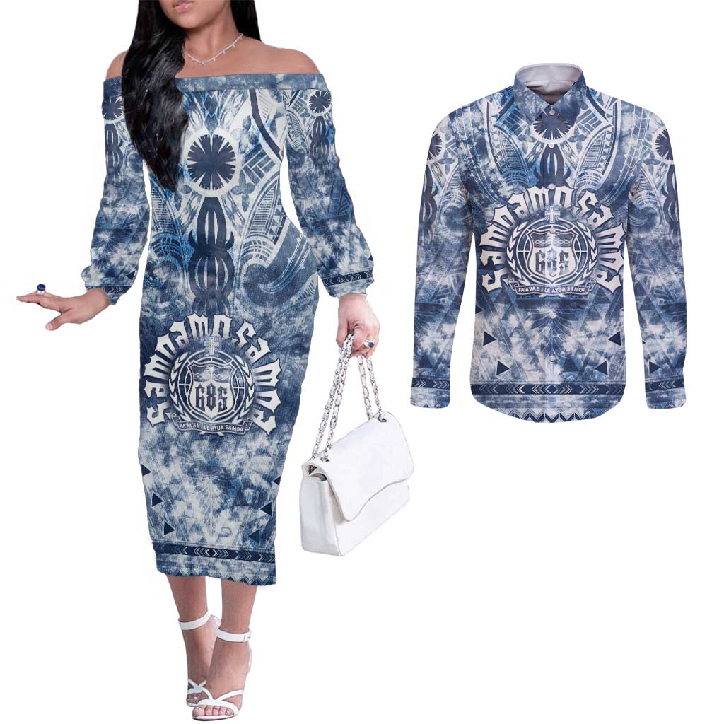 Samoa 685 Couples Matching Off The Shoulder Long Sleeve Dress and Long Sleeve Button Shirt Polynesian Pattern Tie Dye Style