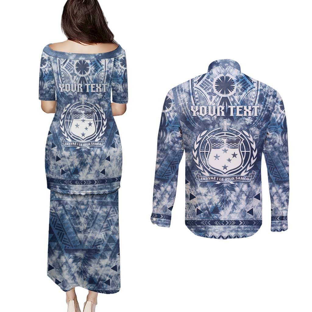 Samoa 685 Couples Matching Puletasi and Long Sleeve Button Shirt Polynesian Pattern Tie Dye Style