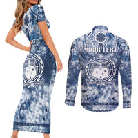 Samoa 685 Couples Matching Short Sleeve Bodycon Dress and Long Sleeve Button Shirt Polynesian Pattern Tie Dye Style