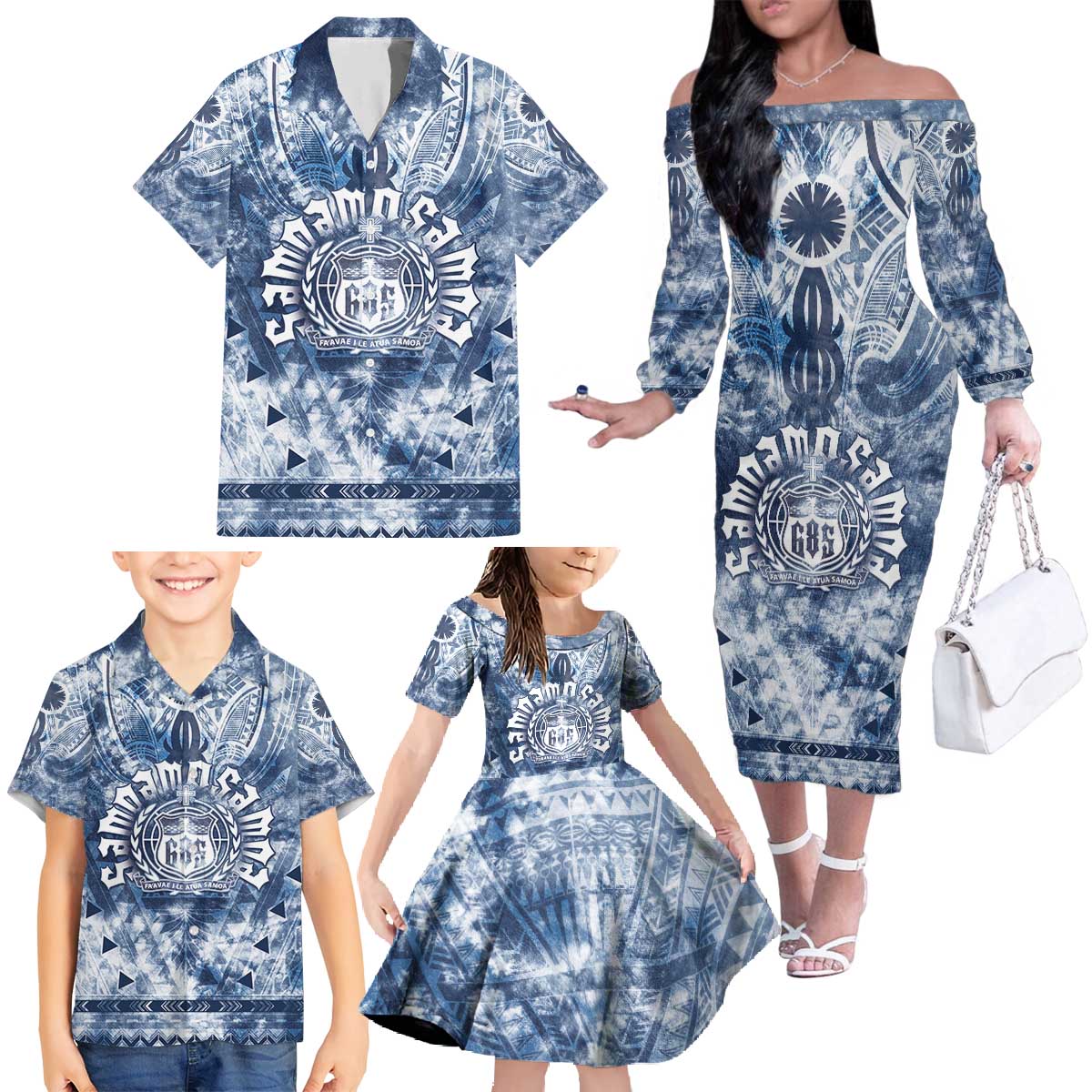 Samoa 685 Family Matching Off The Shoulder Long Sleeve Dress and Hawaiian Shirt Polynesian Pattern Tie Dye Style