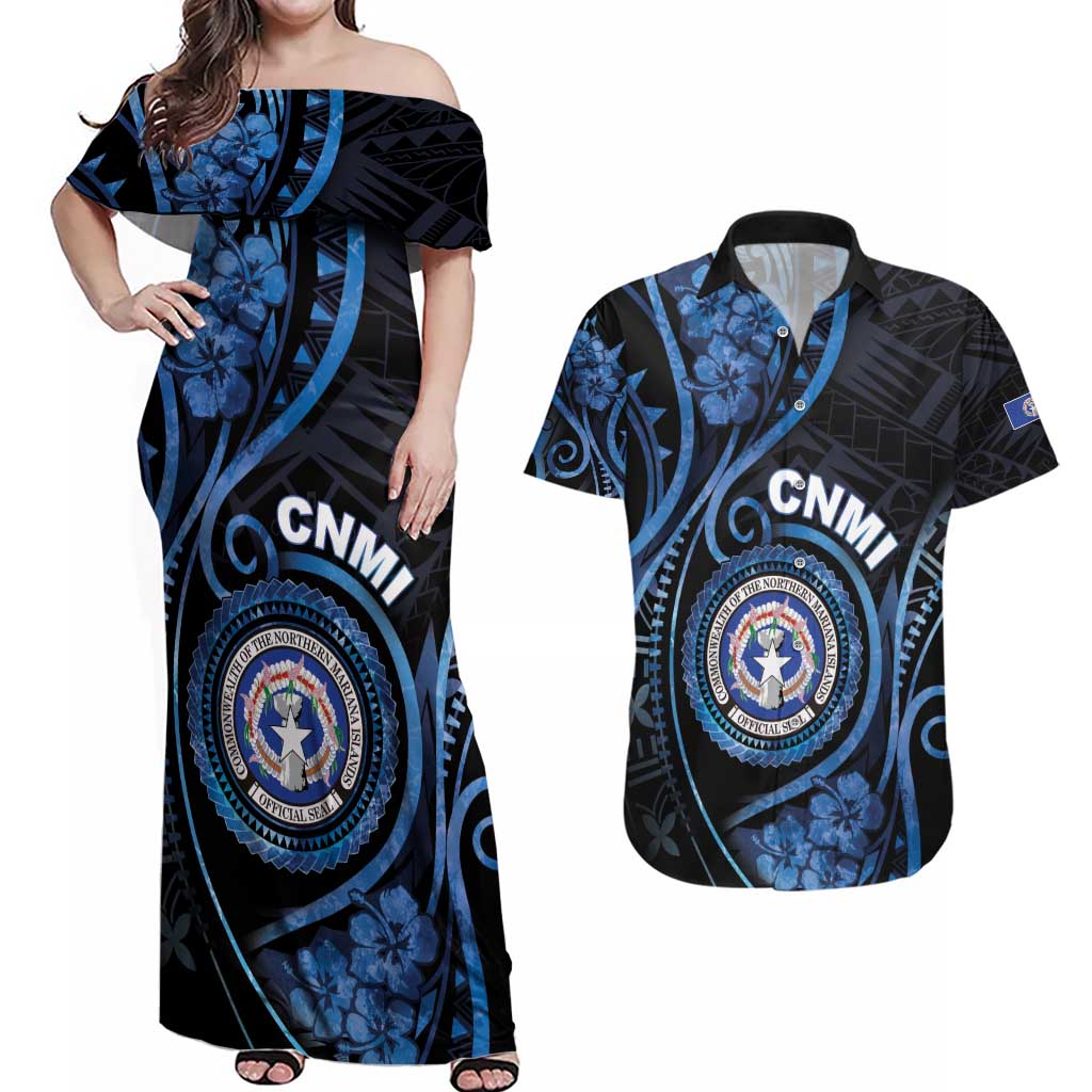 Personalized Northern Mariana Islands Couples Matching Off Shoulder Maxi Dress and Hawaiian Shirt Ocean Floral Pattern