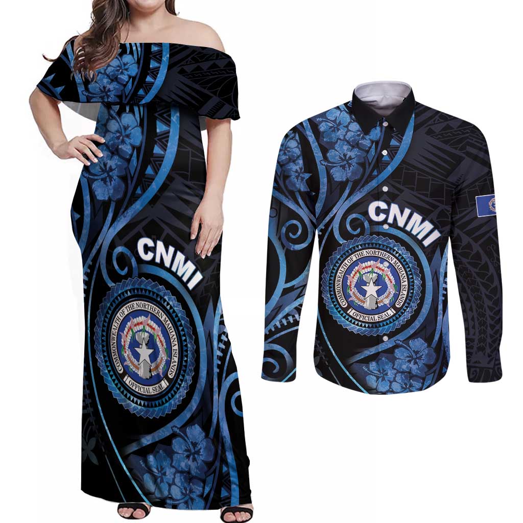 Personalized Northern Mariana Islands Couples Matching Off Shoulder Maxi Dress and Long Sleeve Button Shirt Ocean Floral Pattern