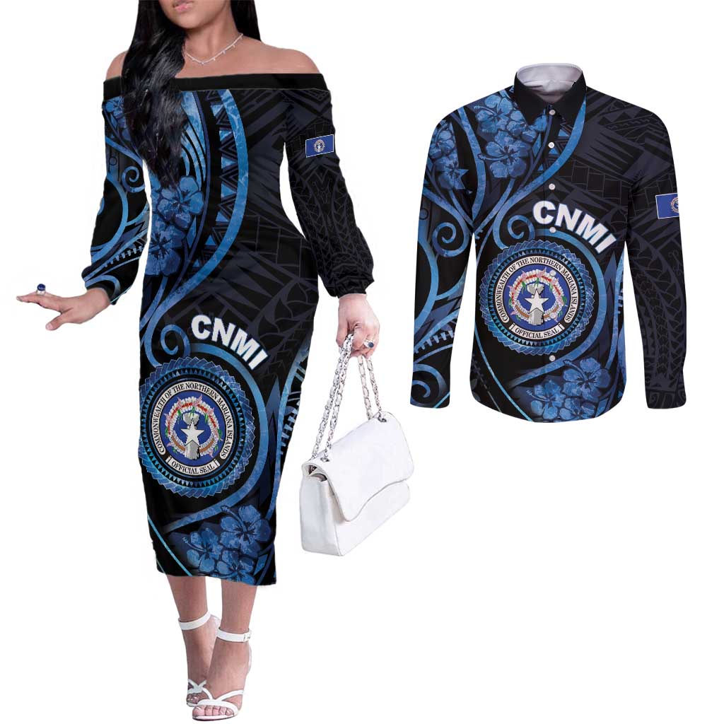 Personalized Northern Mariana Islands Couples Matching Off The Shoulder Long Sleeve Dress and Long Sleeve Button Shirt Ocean Floral Pattern