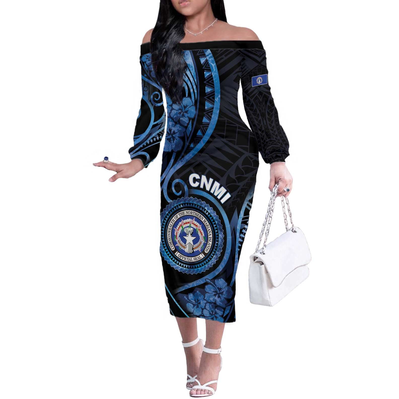 Personalized Northern Mariana Islands Off The Shoulder Long Sleeve Dress Ocean Floral Pattern