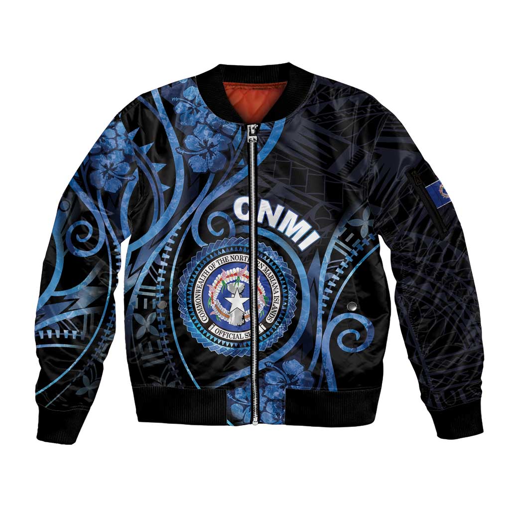 Personalized Northern Mariana Islands Sleeve Zip Bomber Jacket Ocean Floral Pattern