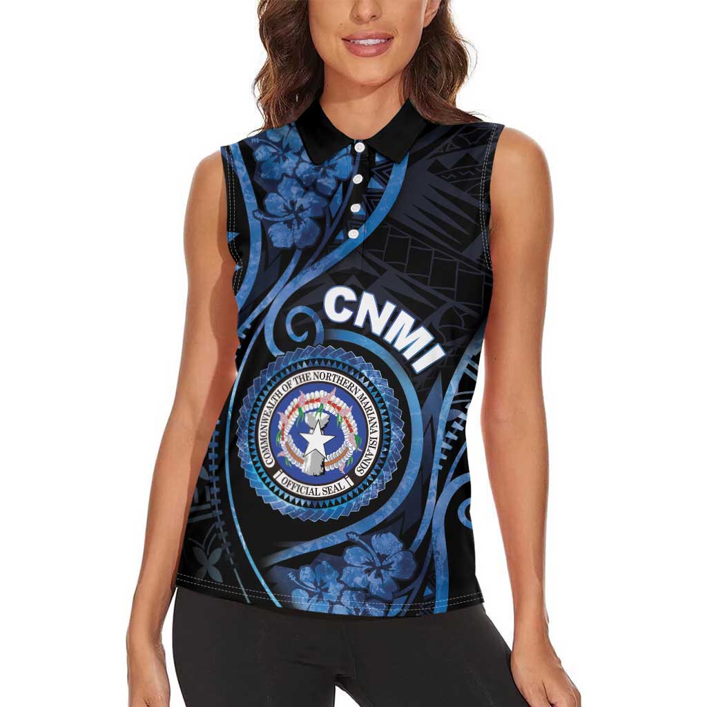 Personalized Northern Mariana Islands Women Sleeveless Polo Shirt Ocean Floral Pattern