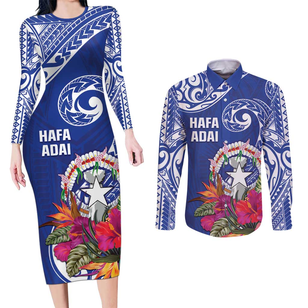 Hafa Adai Northern Mariana Islands Couples Matching Long Sleeve Bodycon Dress and Long Sleeve Button Shirt Polynesian Tribal Pattern