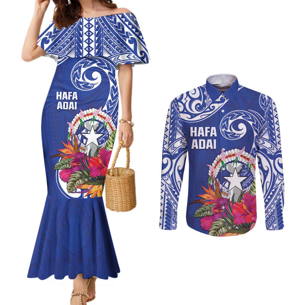 Hafa Adai Northern Mariana Islands Couples Matching Mermaid Dress and Long Sleeve Button Shirt Polynesian Tribal Pattern