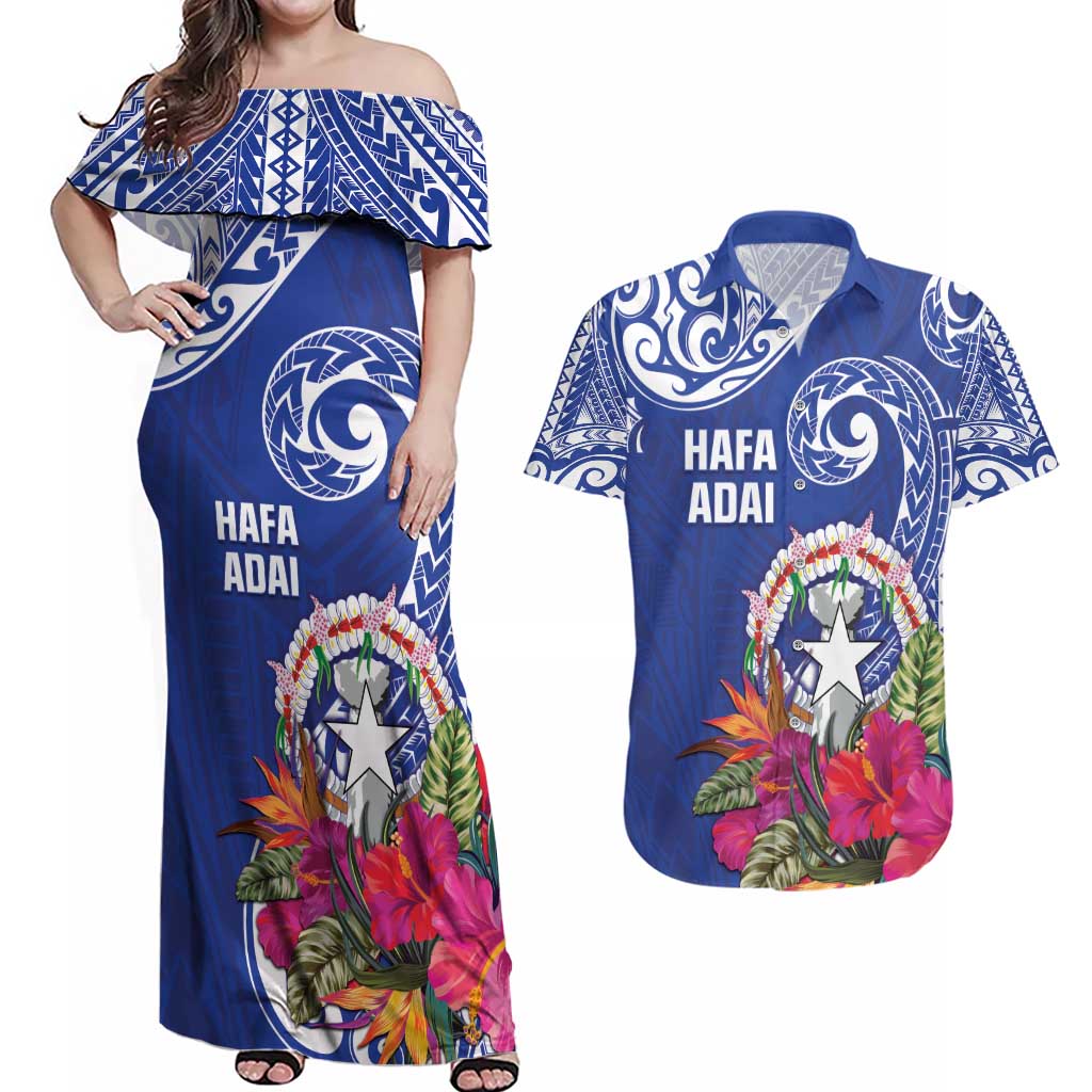 Hafa Adai Northern Mariana Islands Couples Matching Off Shoulder Maxi Dress and Hawaiian Shirt Polynesian Tribal Pattern