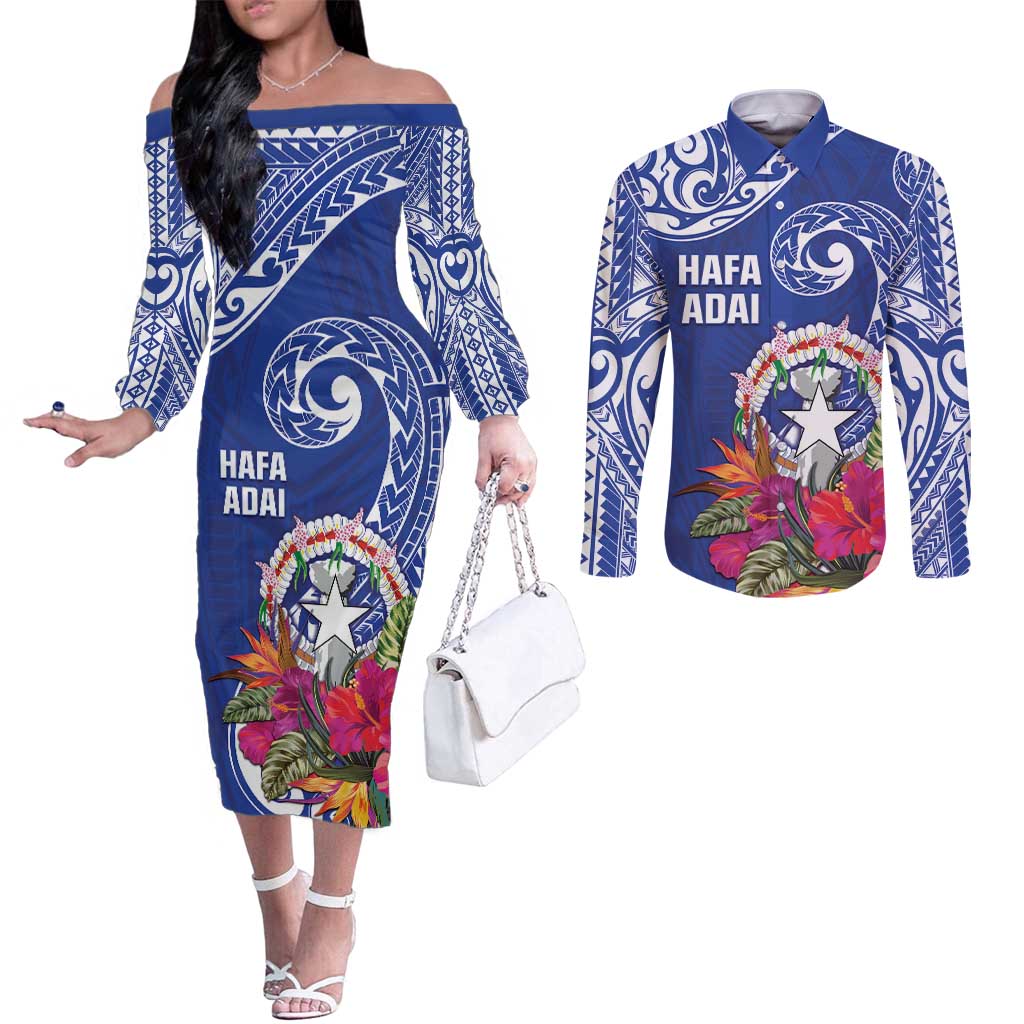 Hafa Adai Northern Mariana Islands Couples Matching Off The Shoulder Long Sleeve Dress and Long Sleeve Button Shirt Polynesian Tribal Pattern