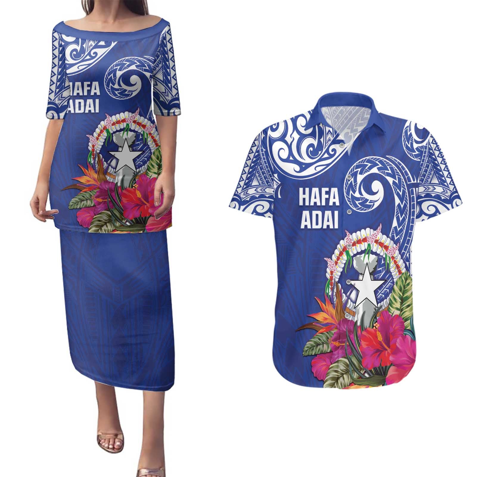 Hafa Adai Northern Mariana Islands Couples Matching Puletasi and Hawaiian Shirt Polynesian Tribal Pattern