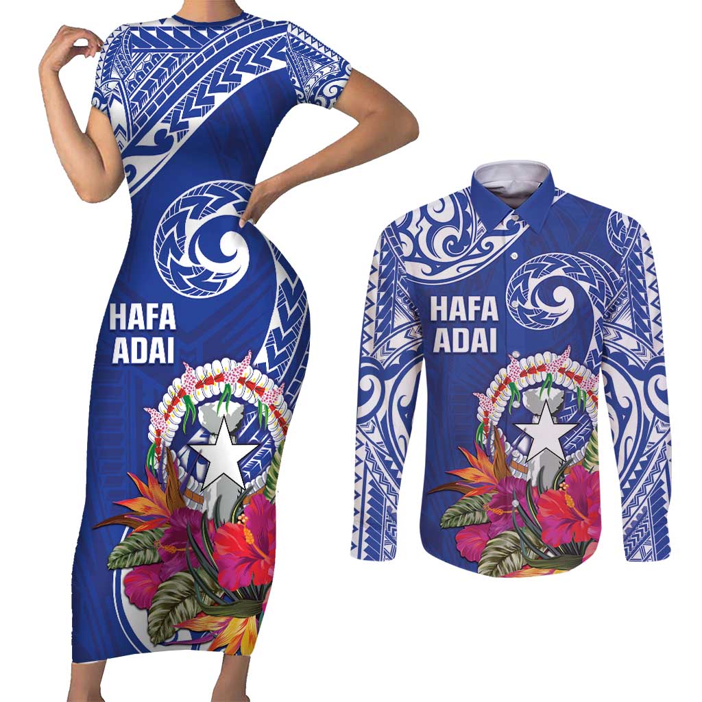 Hafa Adai Northern Mariana Islands Couples Matching Short Sleeve Bodycon Dress and Long Sleeve Button Shirt Polynesian Tribal Pattern