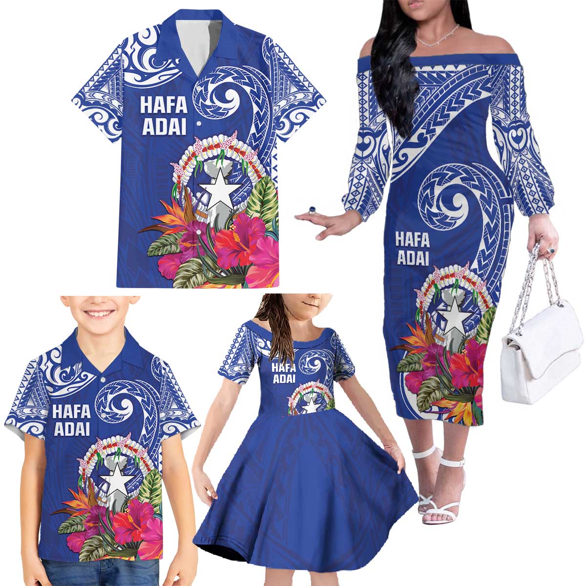 Hafa Adai Northern Mariana Islands Family Matching Off The Shoulder Long Sleeve Dress and Hawaiian Shirt Polynesian Tribal Pattern