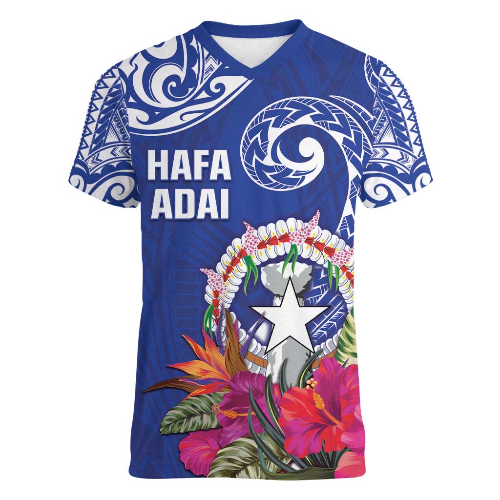 Hafa Adai Northern Mariana Islands Women V-Neck T-Shirt Polynesian Tribal Pattern