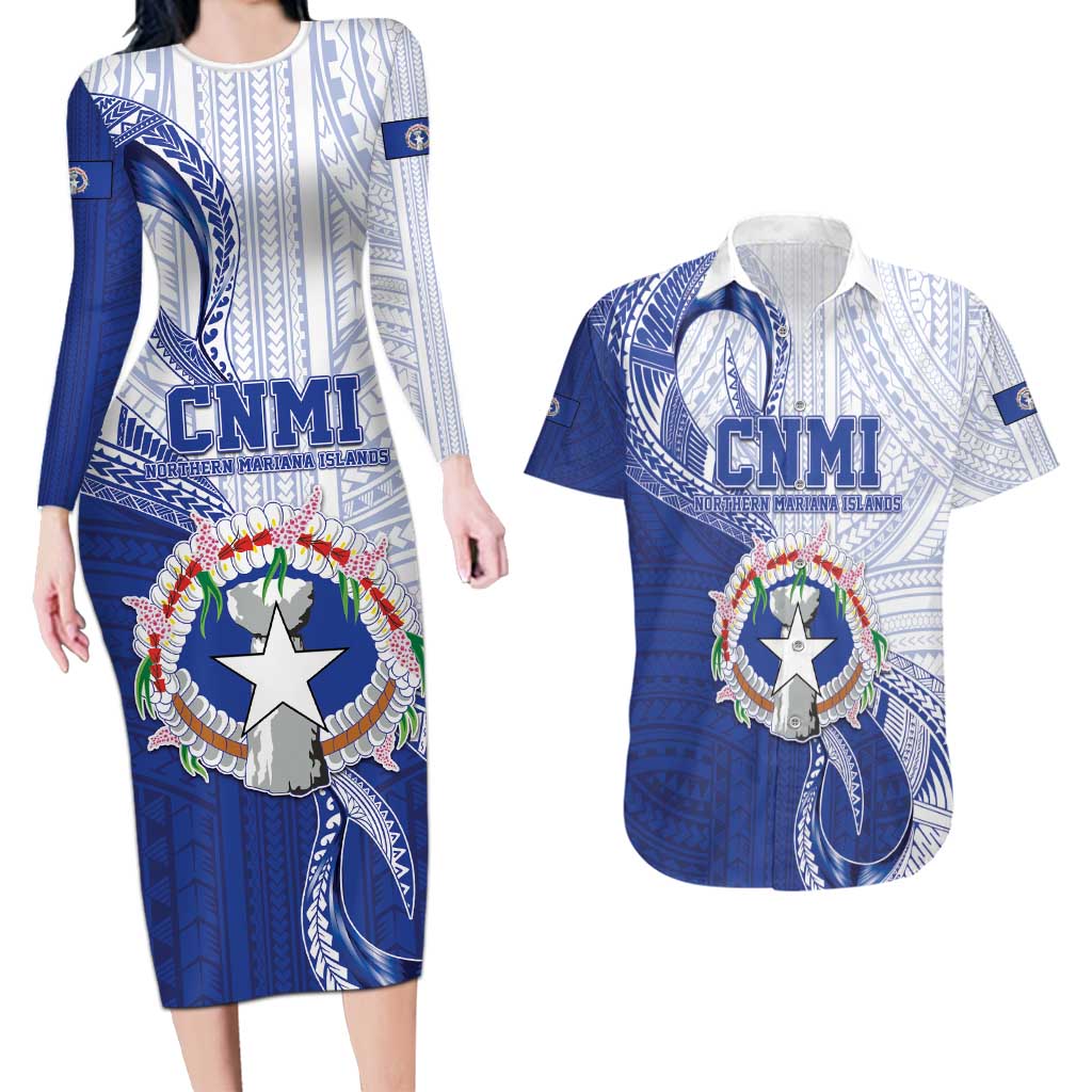 Personalized Northern Mariana Islands Couples Matching Long Sleeve Bodycon Dress and Hawaiian Shirt CNMI Seal