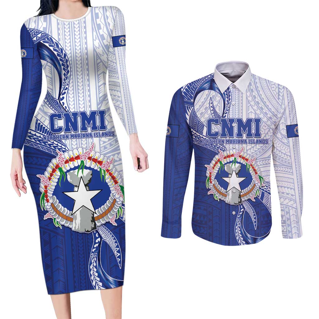 Personalized Northern Mariana Islands Couples Matching Long Sleeve Bodycon Dress and Long Sleeve Button Shirt CNMI Seal