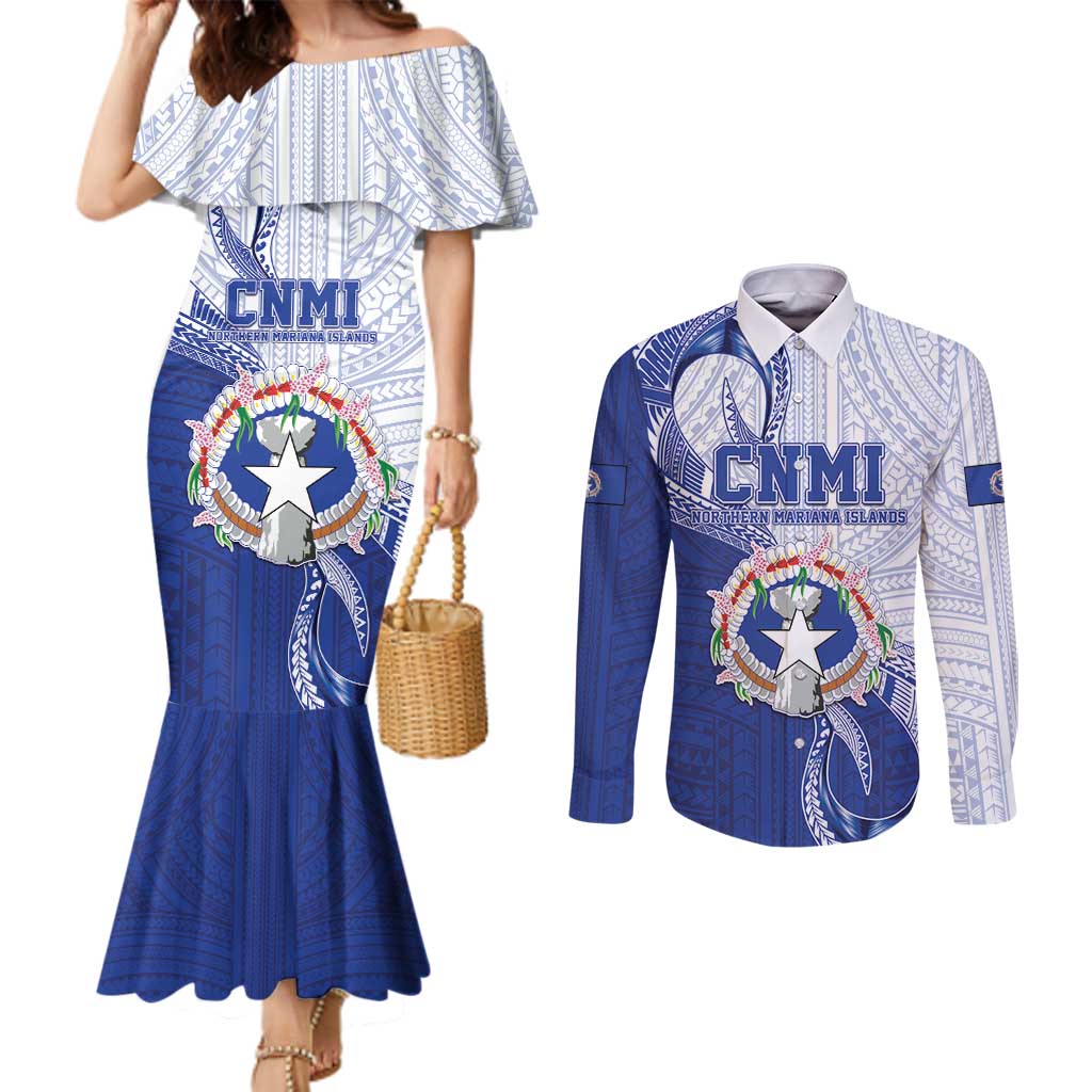 Personalized Northern Mariana Islands Couples Matching Mermaid Dress and Long Sleeve Button Shirt CNMI Seal