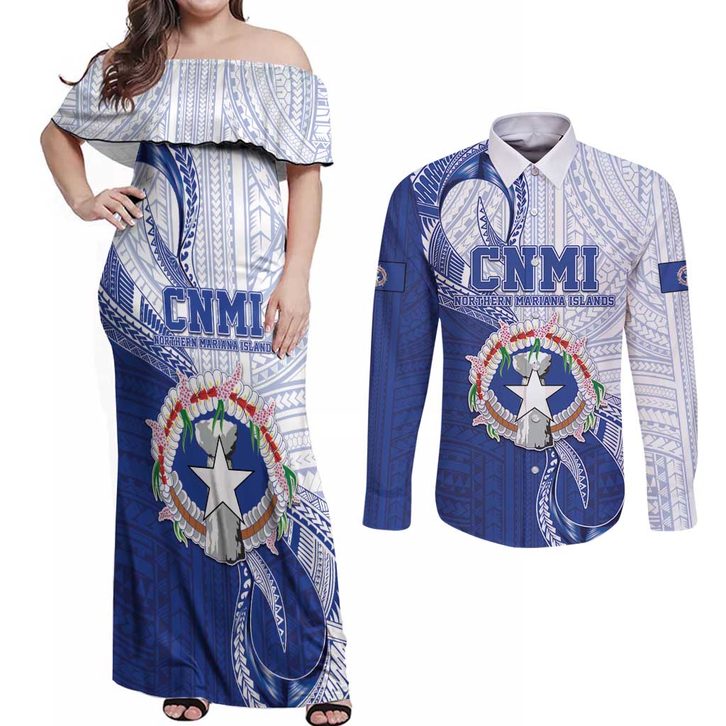 Personalized Northern Mariana Islands Couples Matching Off Shoulder Maxi Dress and Long Sleeve Button Shirt CNMI Seal