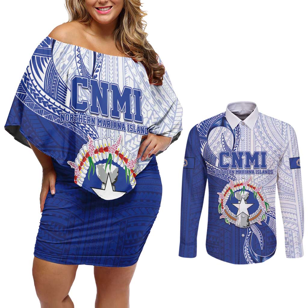 Personalized Northern Mariana Islands Couples Matching Off Shoulder Short Dress and Long Sleeve Button Shirt CNMI Seal