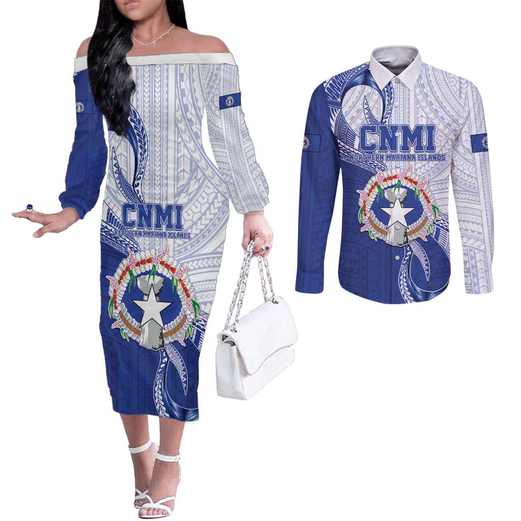 Personalized Northern Mariana Islands Couples Matching Off The Shoulder Long Sleeve Dress and Long Sleeve Button Shirt CNMI Seal