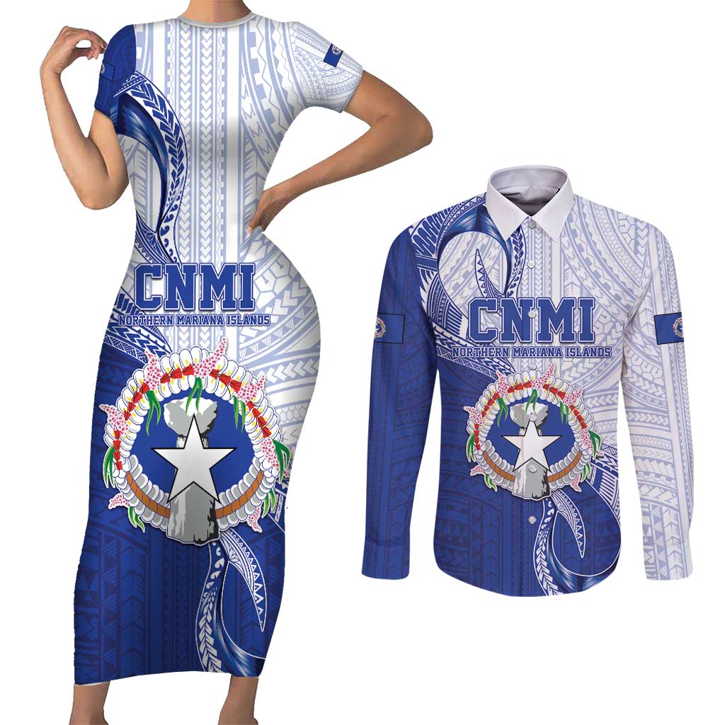 Personalized Northern Mariana Islands Couples Matching Short Sleeve Bodycon Dress and Long Sleeve Button Shirt CNMI Seal