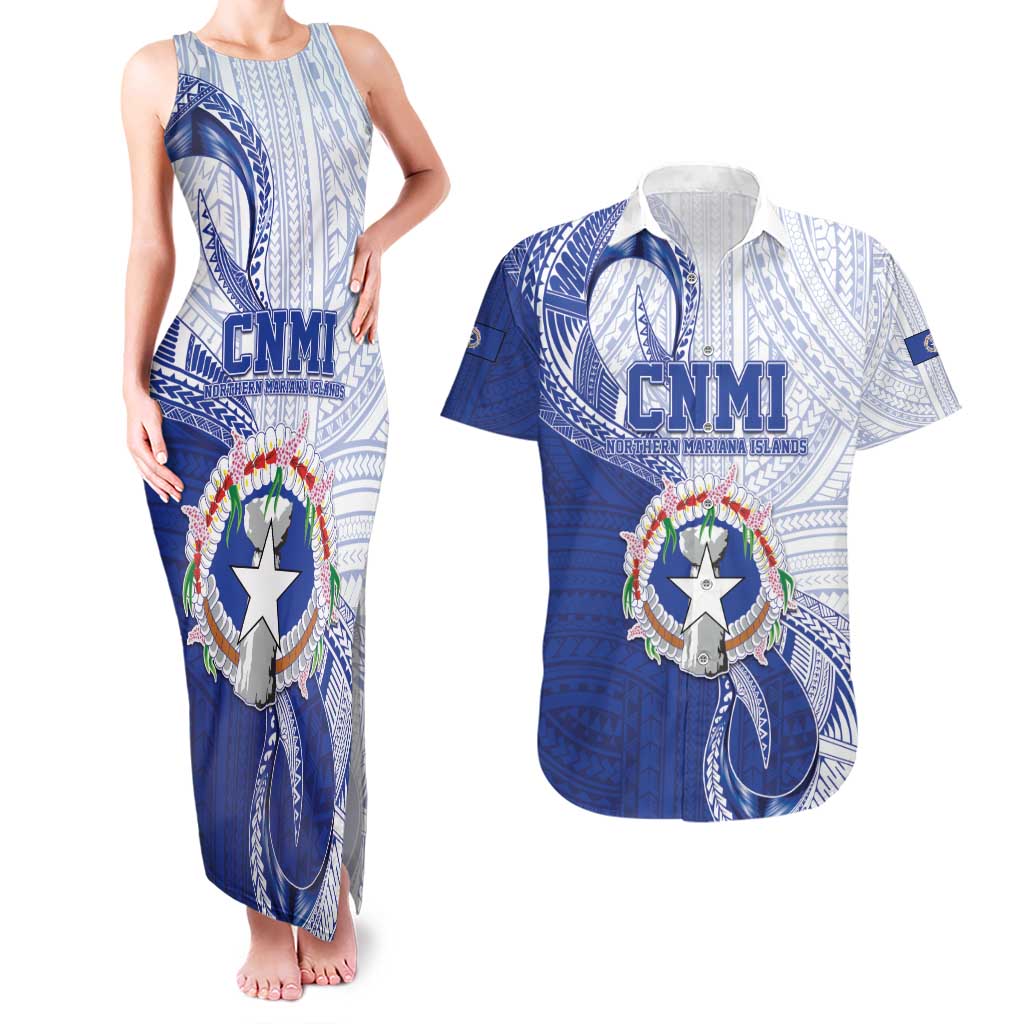 Personalized Northern Mariana Islands Couples Matching Tank Maxi Dress and Hawaiian Shirt CNMI Seal