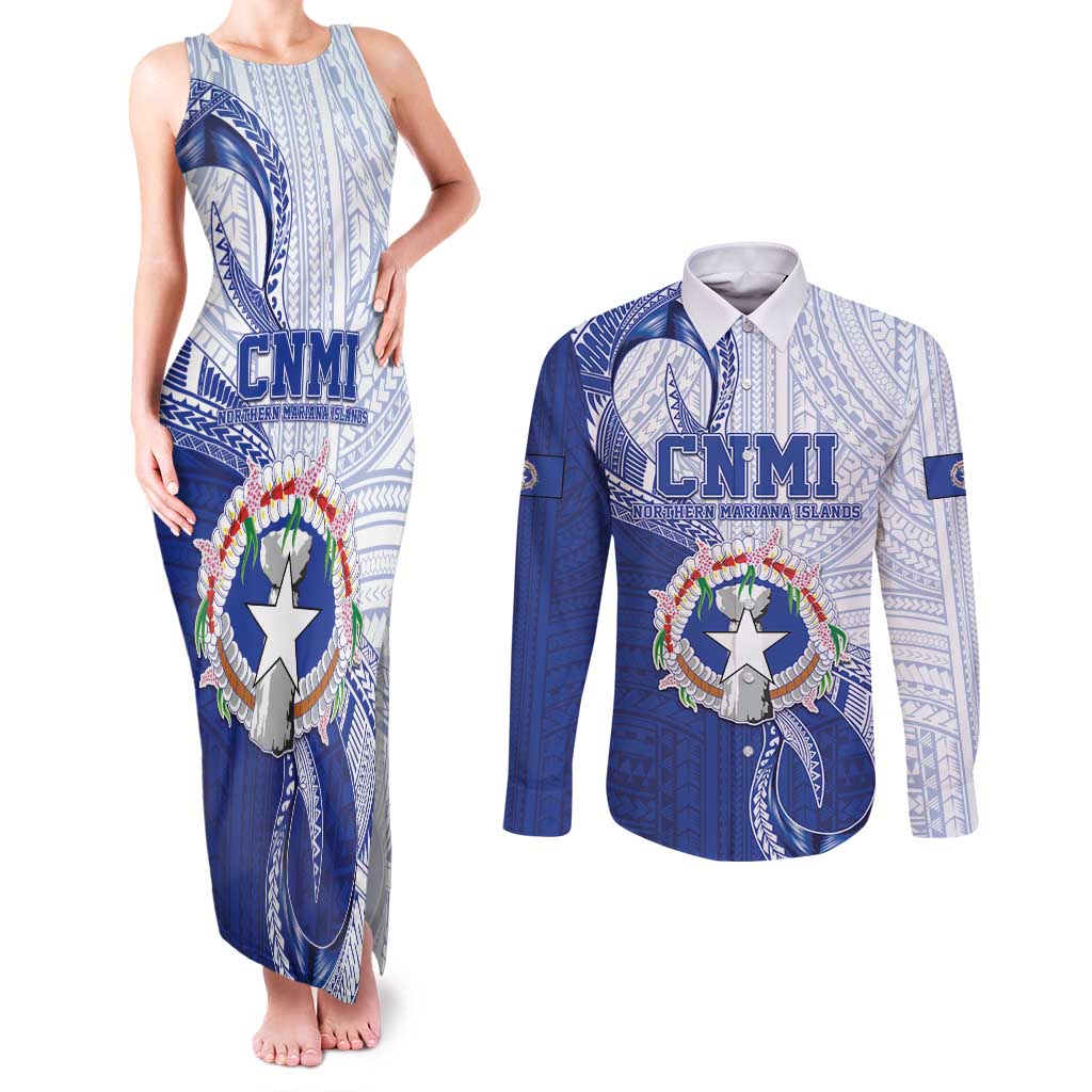 Personalized Northern Mariana Islands Couples Matching Tank Maxi Dress and Long Sleeve Button Shirt CNMI Seal