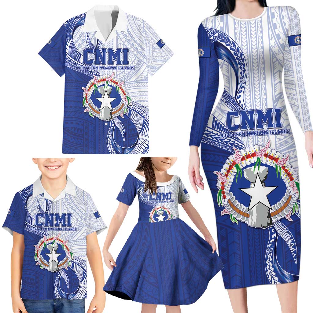 Personalized Northern Mariana Islands Family Matching Long Sleeve Bodycon Dress and Hawaiian Shirt CNMI Seal