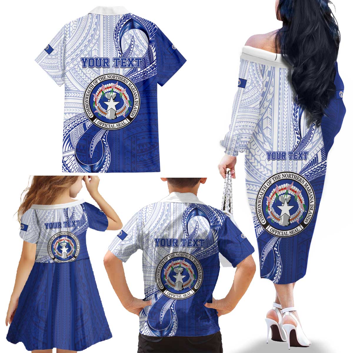 Personalized Northern Mariana Islands Family Matching Off The Shoulder Long Sleeve Dress and Hawaiian Shirt CNMI Seal