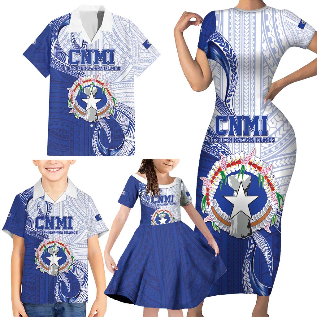 Personalized Northern Mariana Islands Family Matching Short Sleeve Bodycon Dress and Hawaiian Shirt CNMI Seal