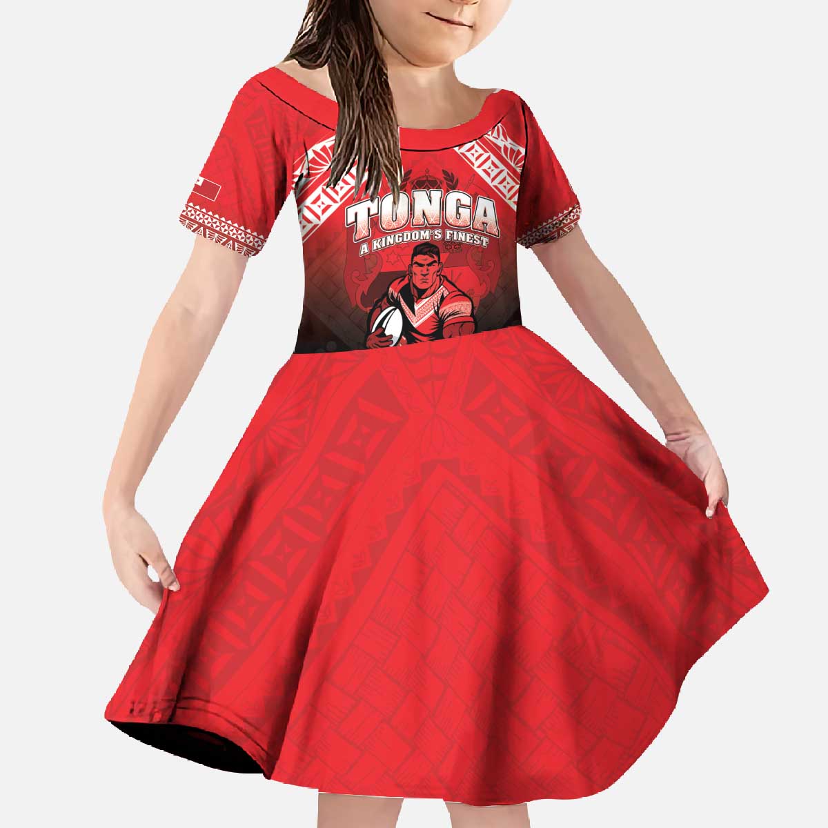 Custom Rugby Tonga MMT Family Matching Off The Shoulder Long Sleeve Dress and Hawaiian Shirt Mana O Tonga LT05 Daughter's Dress Red - Polynesian Pride